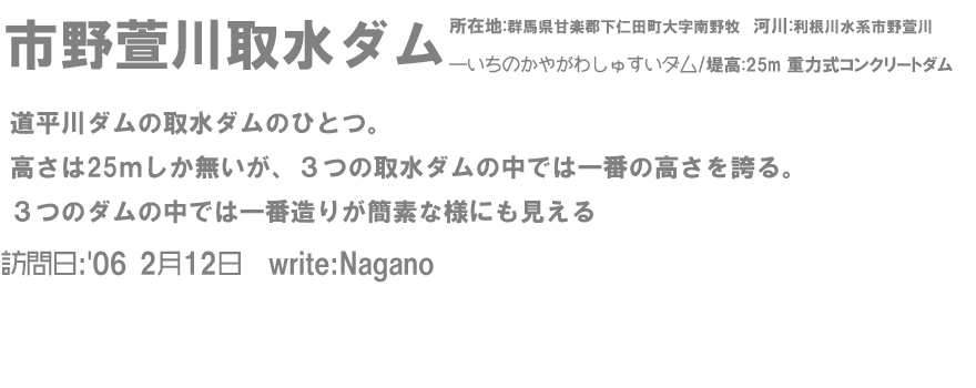 市野萱川取水ダム/
IchinokayagawaShyusuiDam